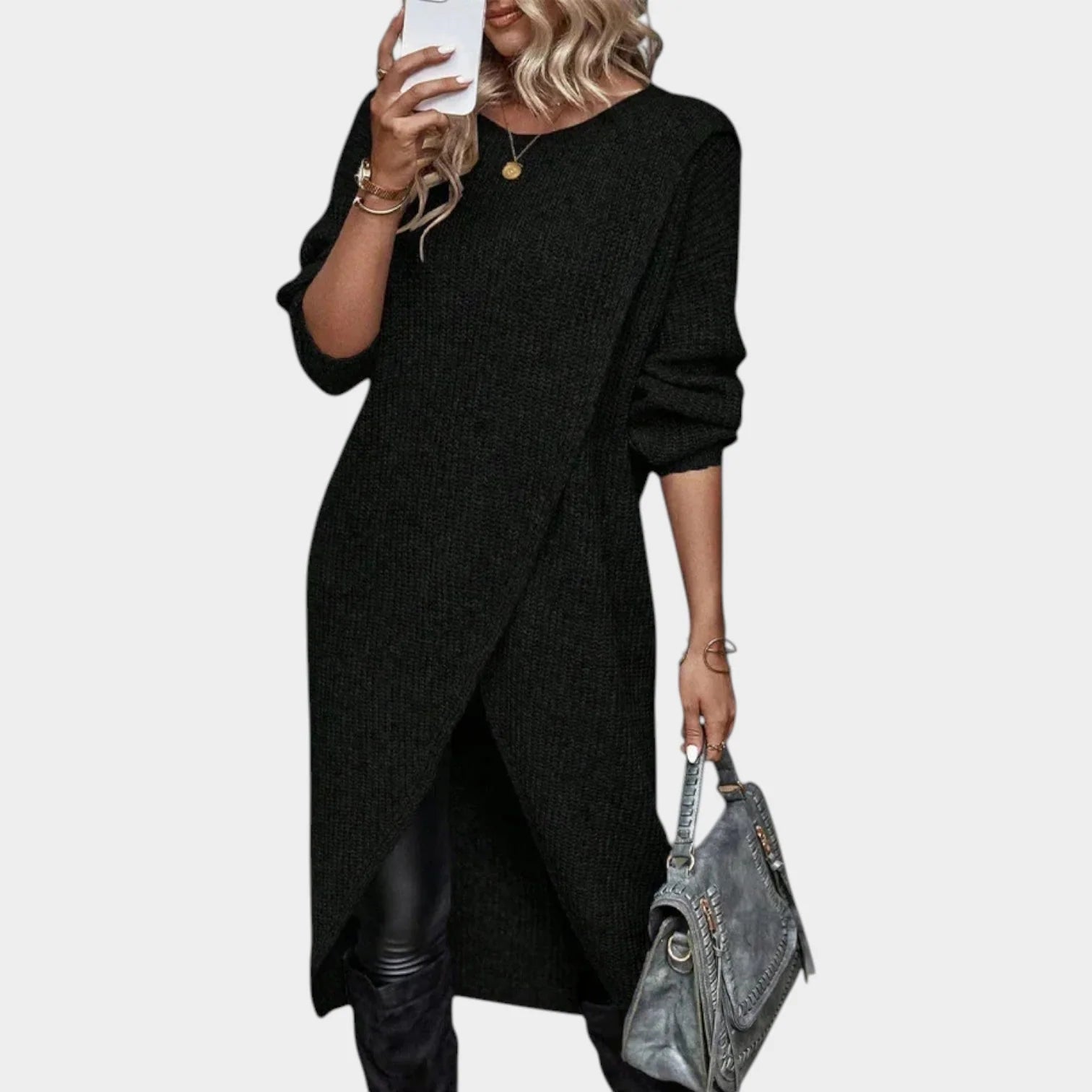 Women's Knit Sweater Dress with Asymmetric Wrap Hem 3