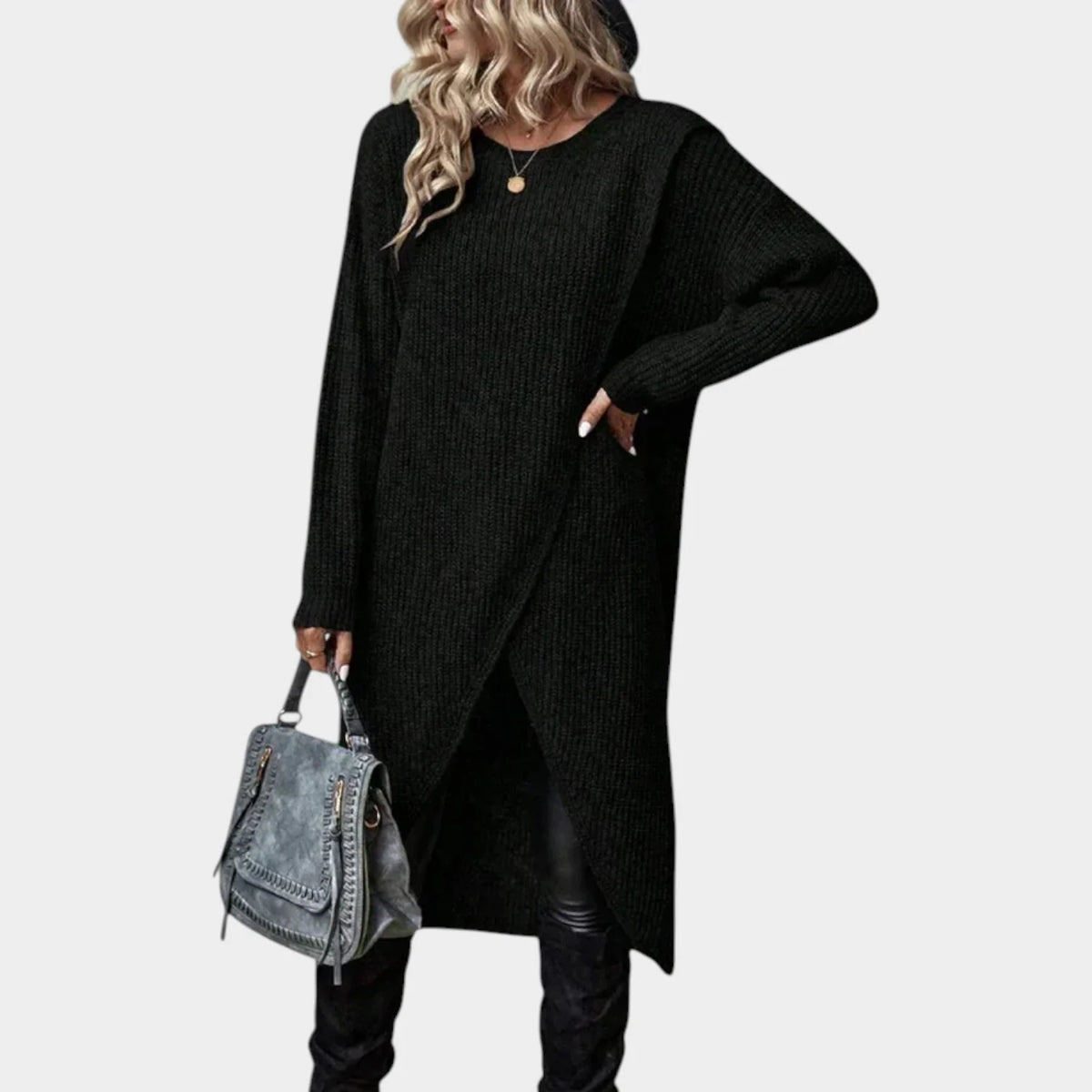 Women's Knit Sweater Dress with Asymmetric Wrap Hem 4