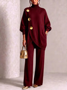 Women's Knit Two-Piece Set with Oversized Turtleneck and Wide-Leg Pants 0