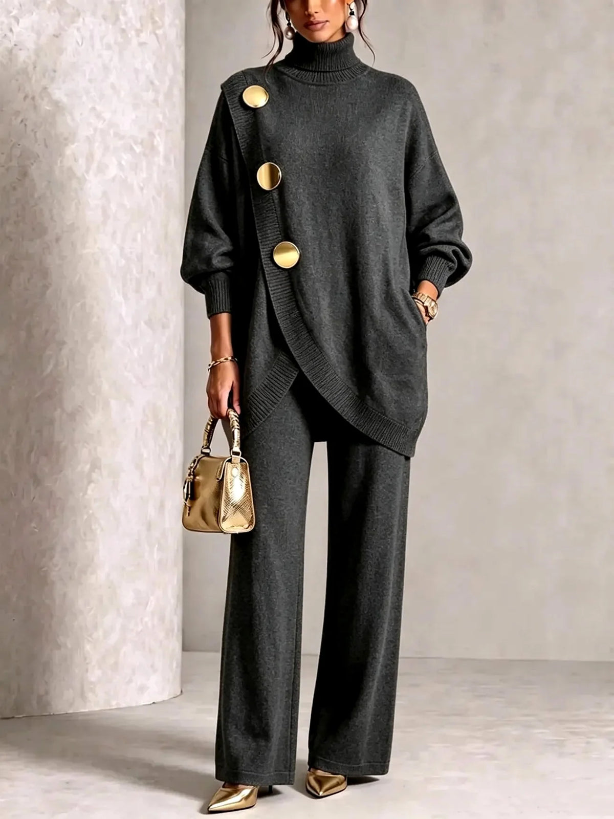 Women's Knit Two-Piece Set with Oversized Turtleneck and Wide-Leg Pants 1