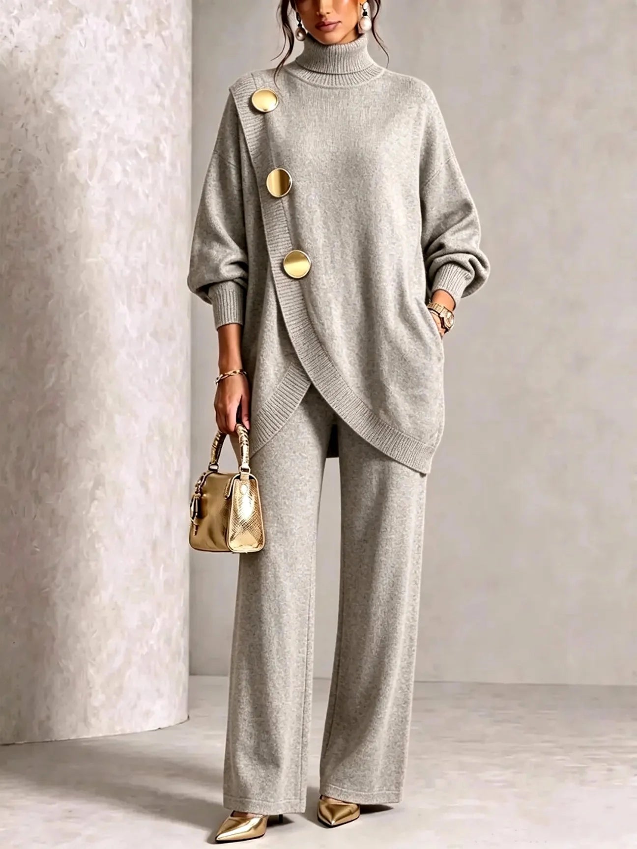 Women's Knit Two-Piece Set with Oversized Turtleneck and Wide-Leg Pants 2