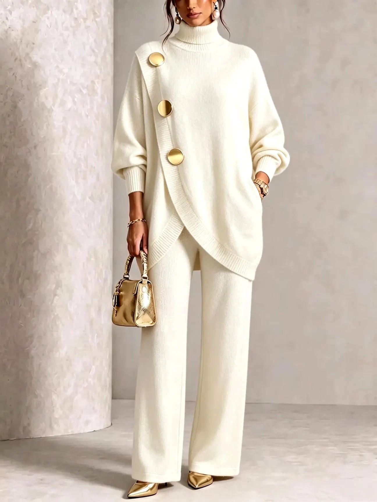 Women's Knit Two-Piece Set with Oversized Turtleneck and Wide-Leg Pants 3