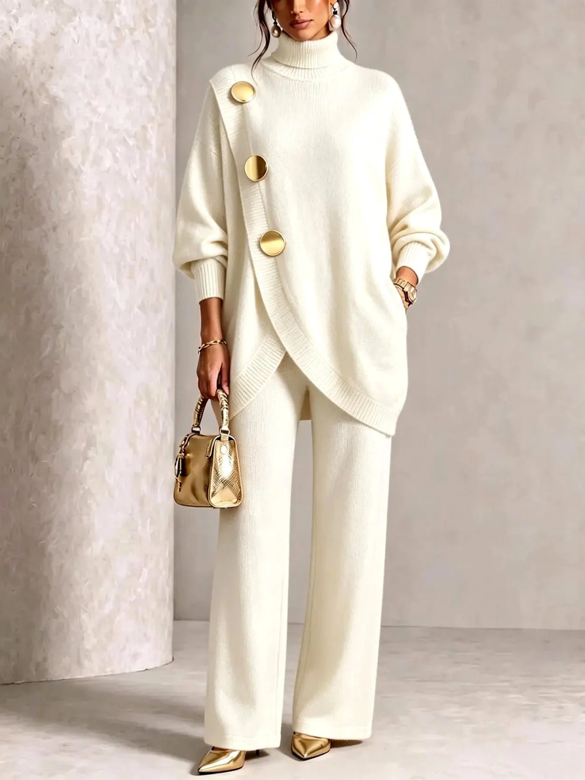 Women's Knit Two-Piece Set with Oversized Turtleneck and Wide-Leg Pants 3