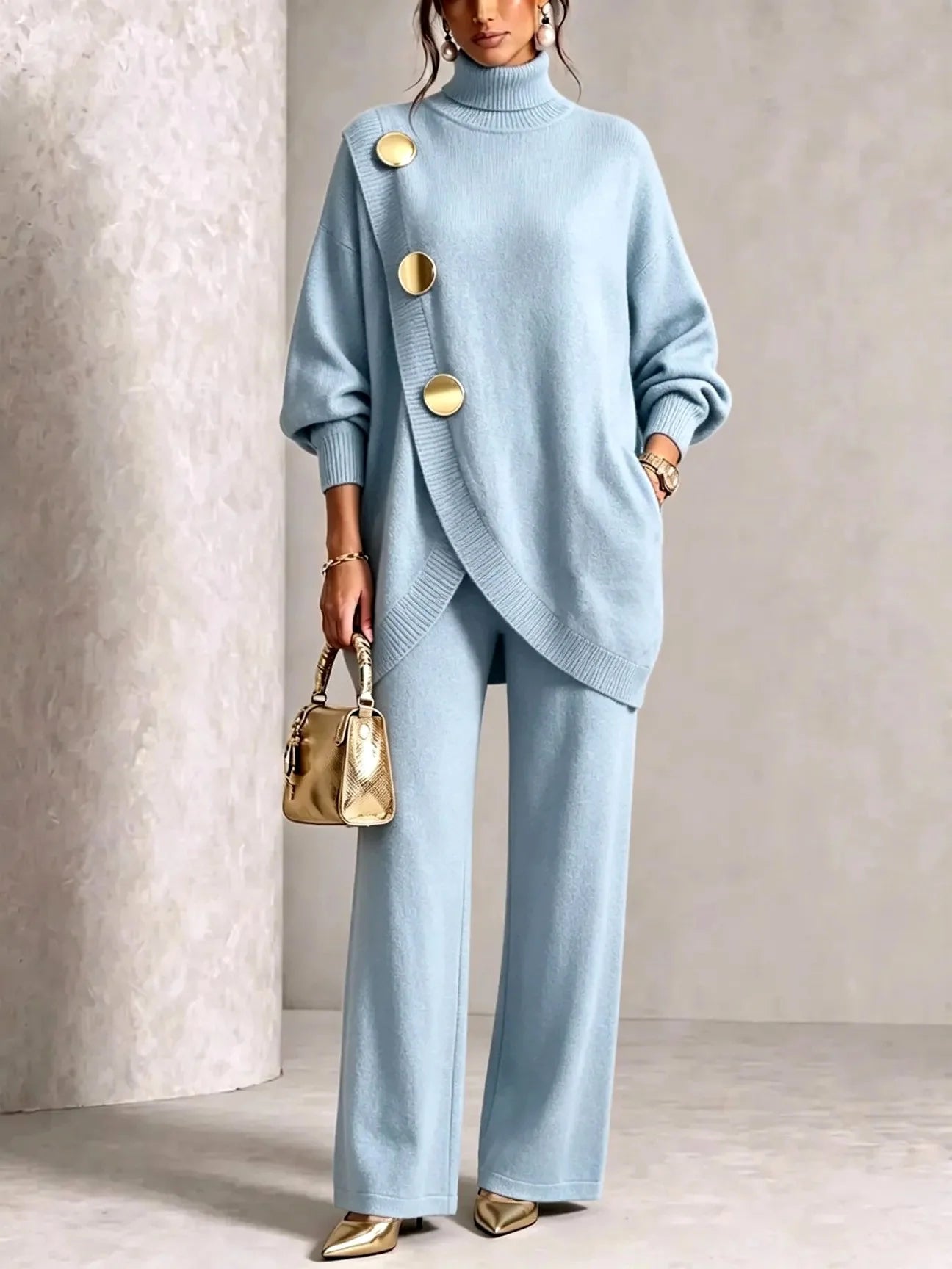 Women's Knit Two-Piece Set with Oversized Turtleneck and Wide-Leg Pants 5