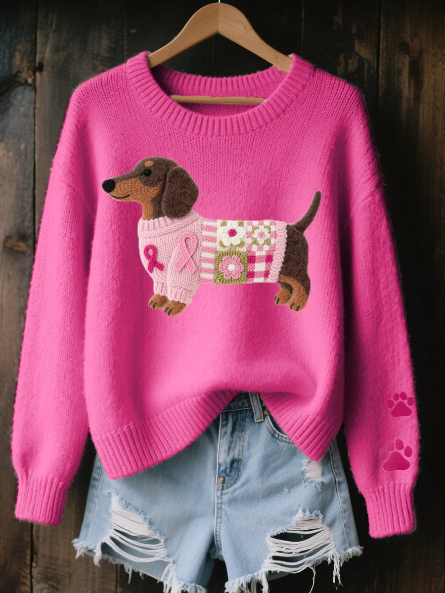 Women's Knitted Sweater with Dachshund Motif and Ribbed Details 1