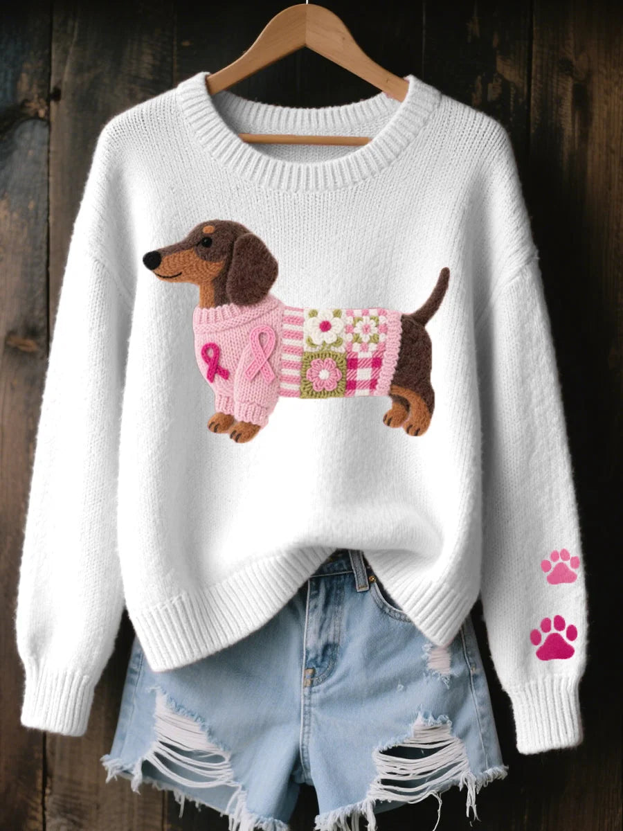 Women's Knitted Sweater with Dachshund Motif and Ribbed Details 2