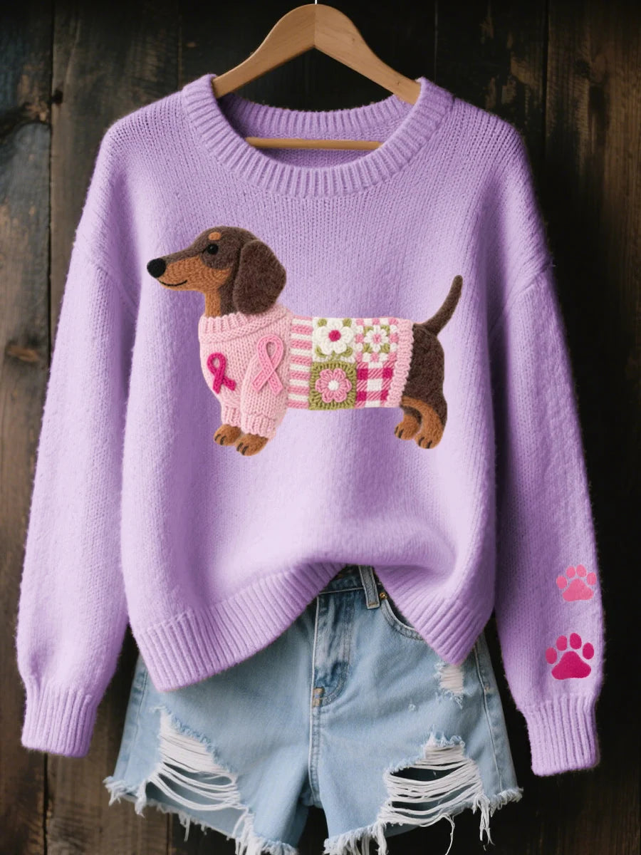 Women's Knitted Sweater with Dachshund Motif and Ribbed Details 3