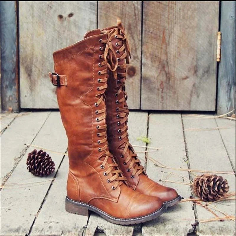 Women's Lace-Up Knee-High Boots with Genuine Leather Upper and Side Buckle Detail 0