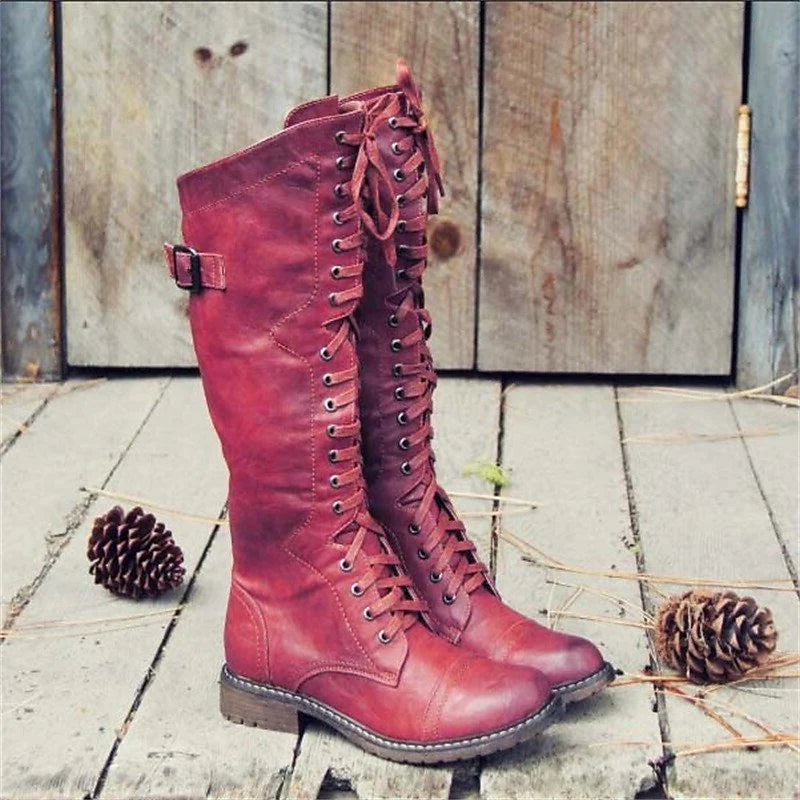 Women's Lace-Up Knee-High Boots with Genuine Leather Upper and Side Buckle Detail 1