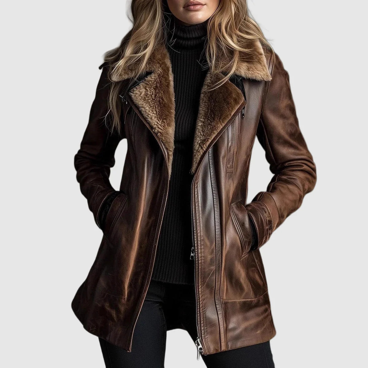 Women's Leather Jacket with Shearling Collar and Zip Front 0