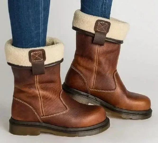 Women's Leather Winter Snow Boots with Fleece Lining and Fur Trim 0