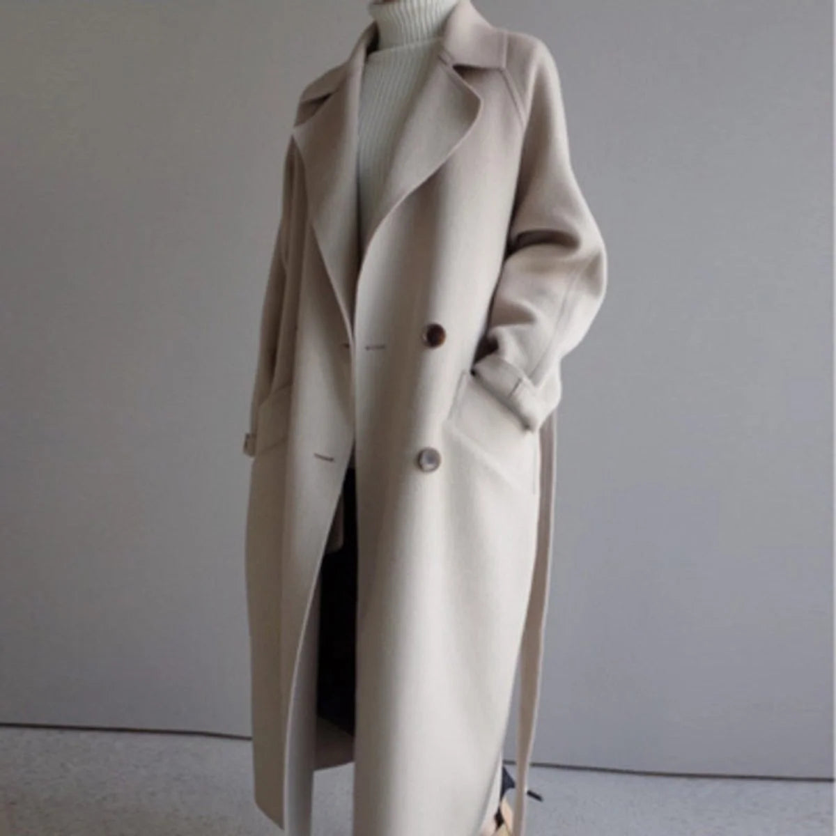 Women's Long Double-Breasted Cashmere Blend Trench Coat 1