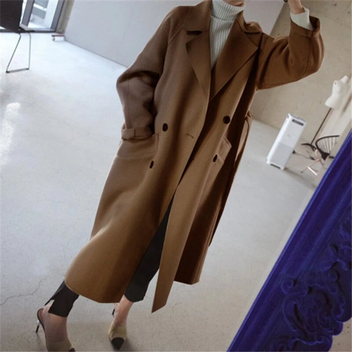 Women's Long Double-Breasted Cashmere Blend Trench Coat 3