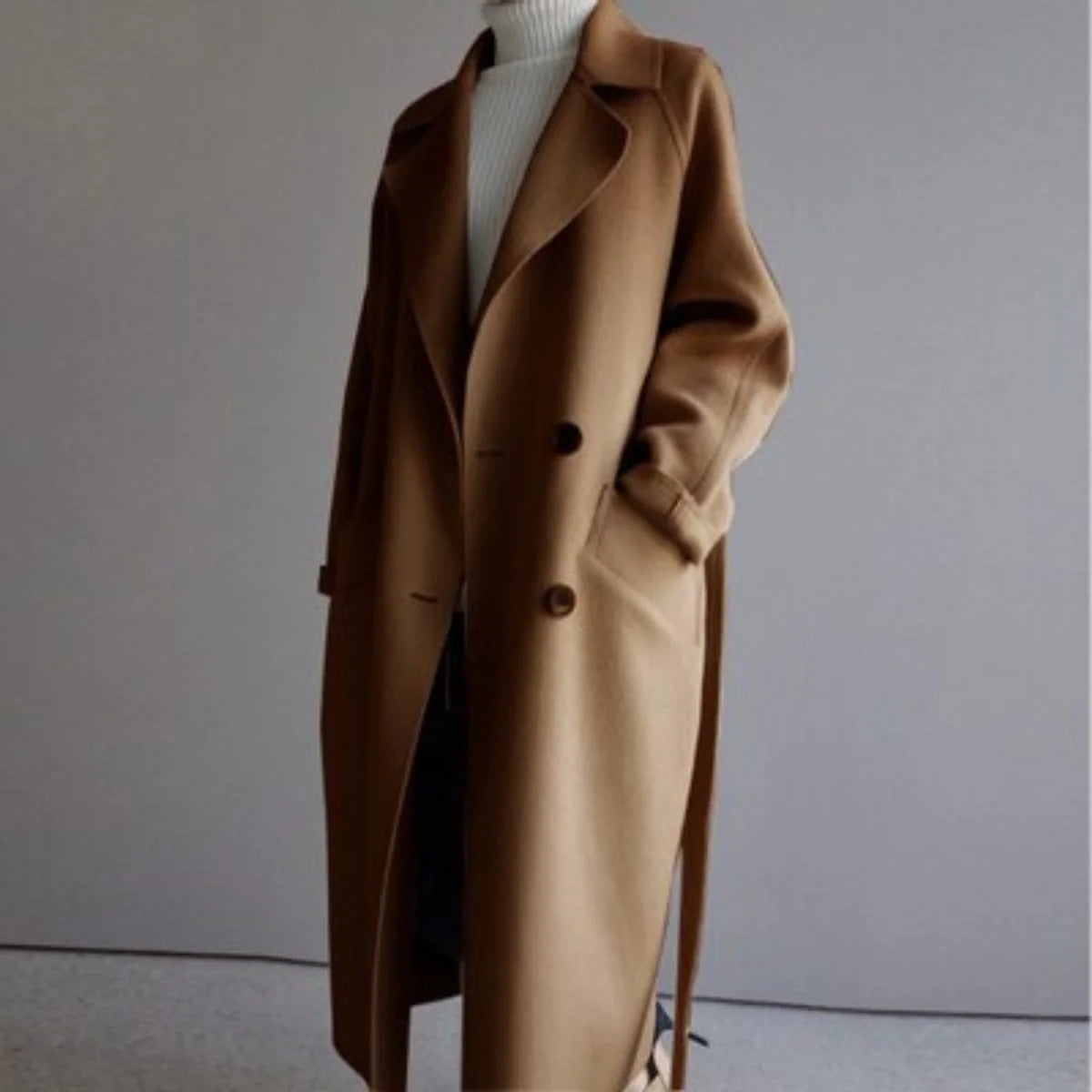 Women's Long Double-Breasted Cashmere Blend Trench Coat 4