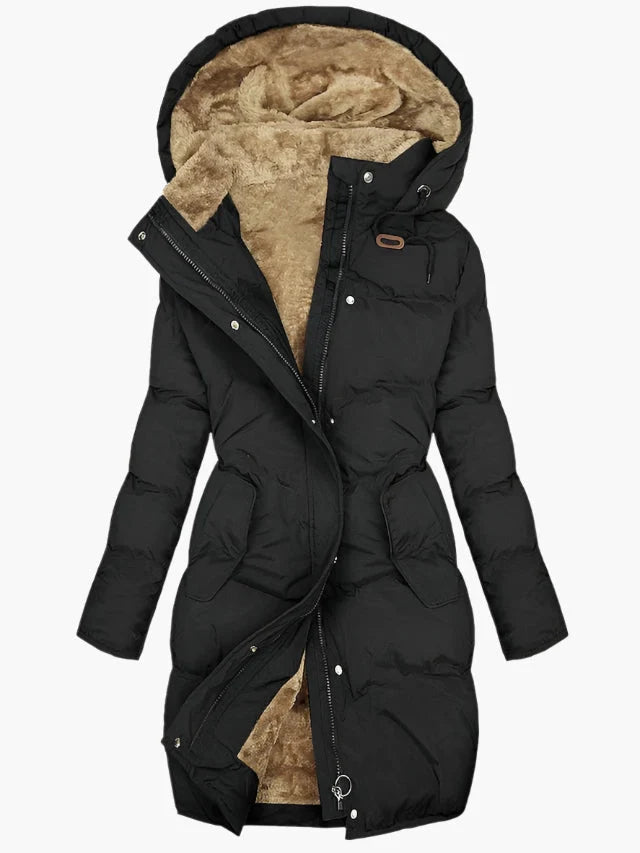 Women's Long Quilted Hooded Winter Coat with Zip-Up Front and Side Pockets 1