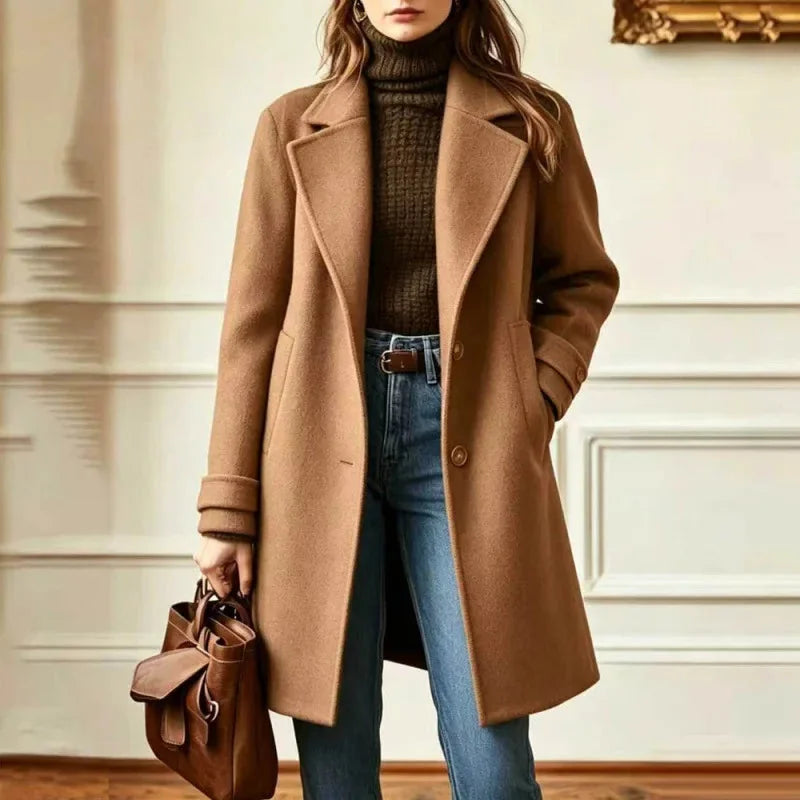 Women's Long Wool-Blend Coat with Notch Lapel and Button Front Closure 0
