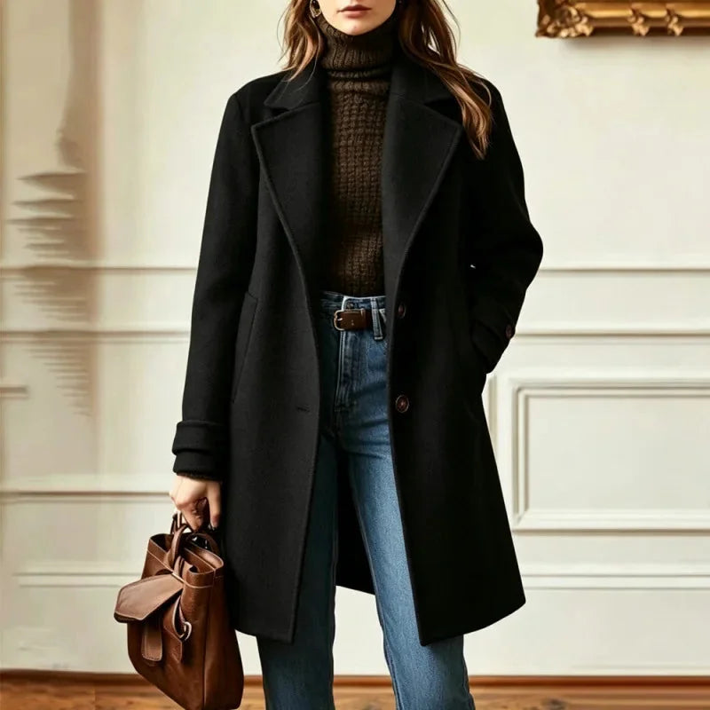 Women's Long Wool-Blend Coat with Notch Lapel and Button Front Closure 4