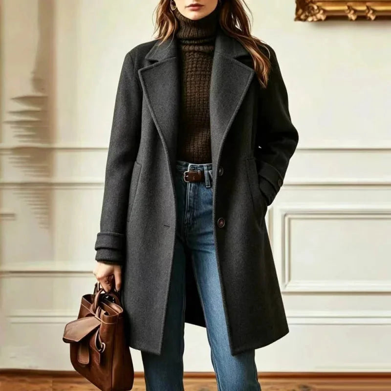 Women's Long Wool-Blend Coat with Notch Lapel and Button Front Closure 6