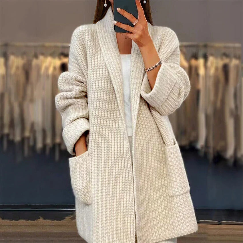 Women's Longline Ribbed Knit Open-Front Cardigan with Patch Pockets 0