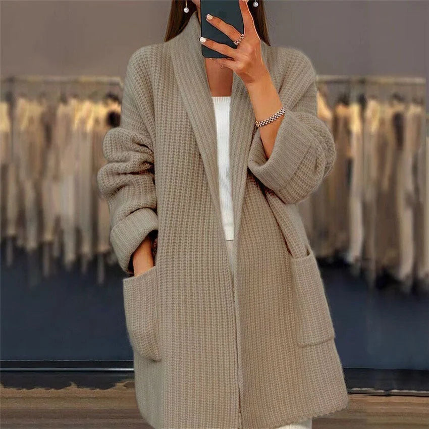 Women's Longline Ribbed Knit Open-Front Cardigan with Patch Pockets 1