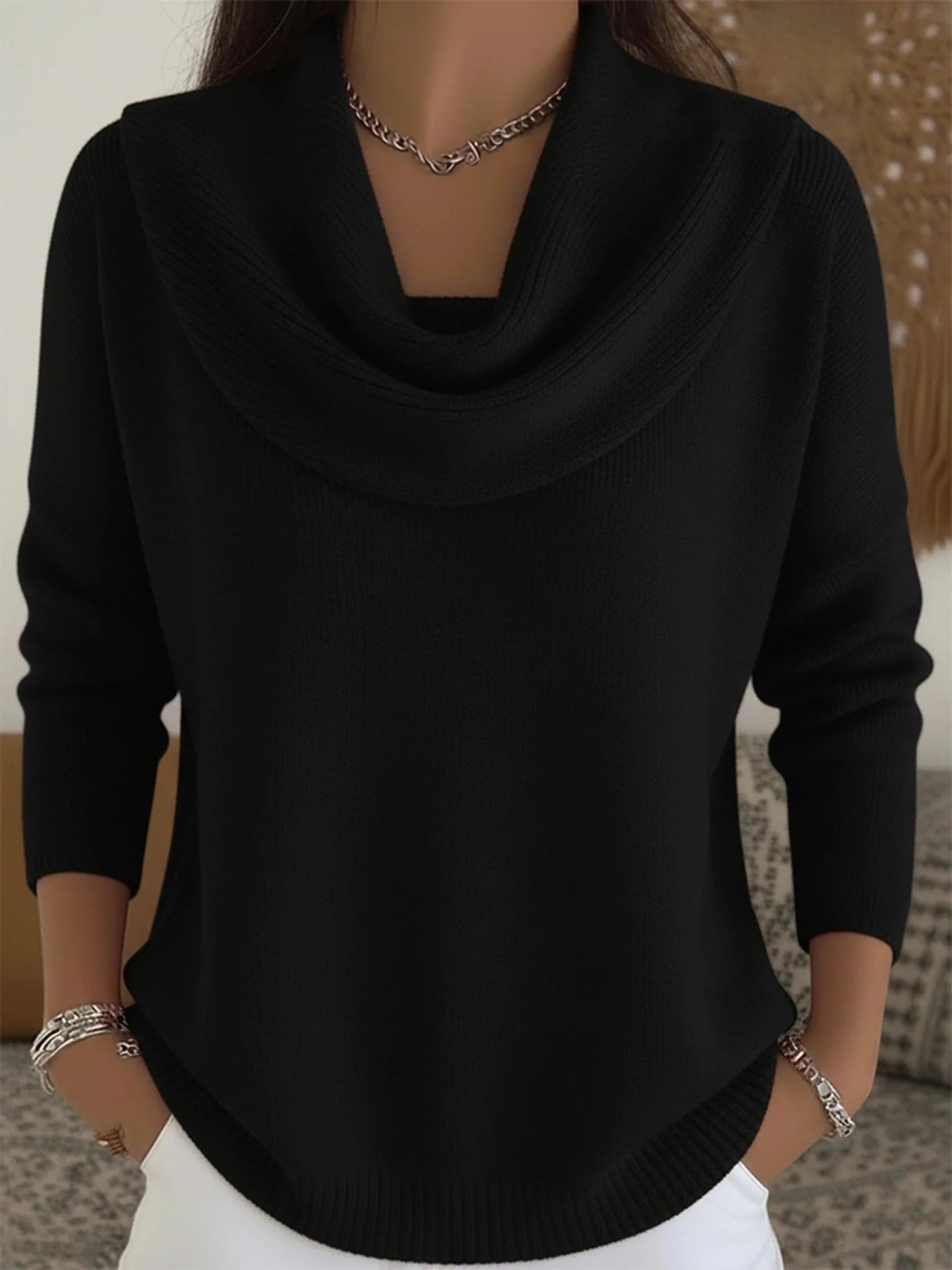 Women's Merino Wool Cowl Neck Sweater with Three-Quarter Sleeves 4