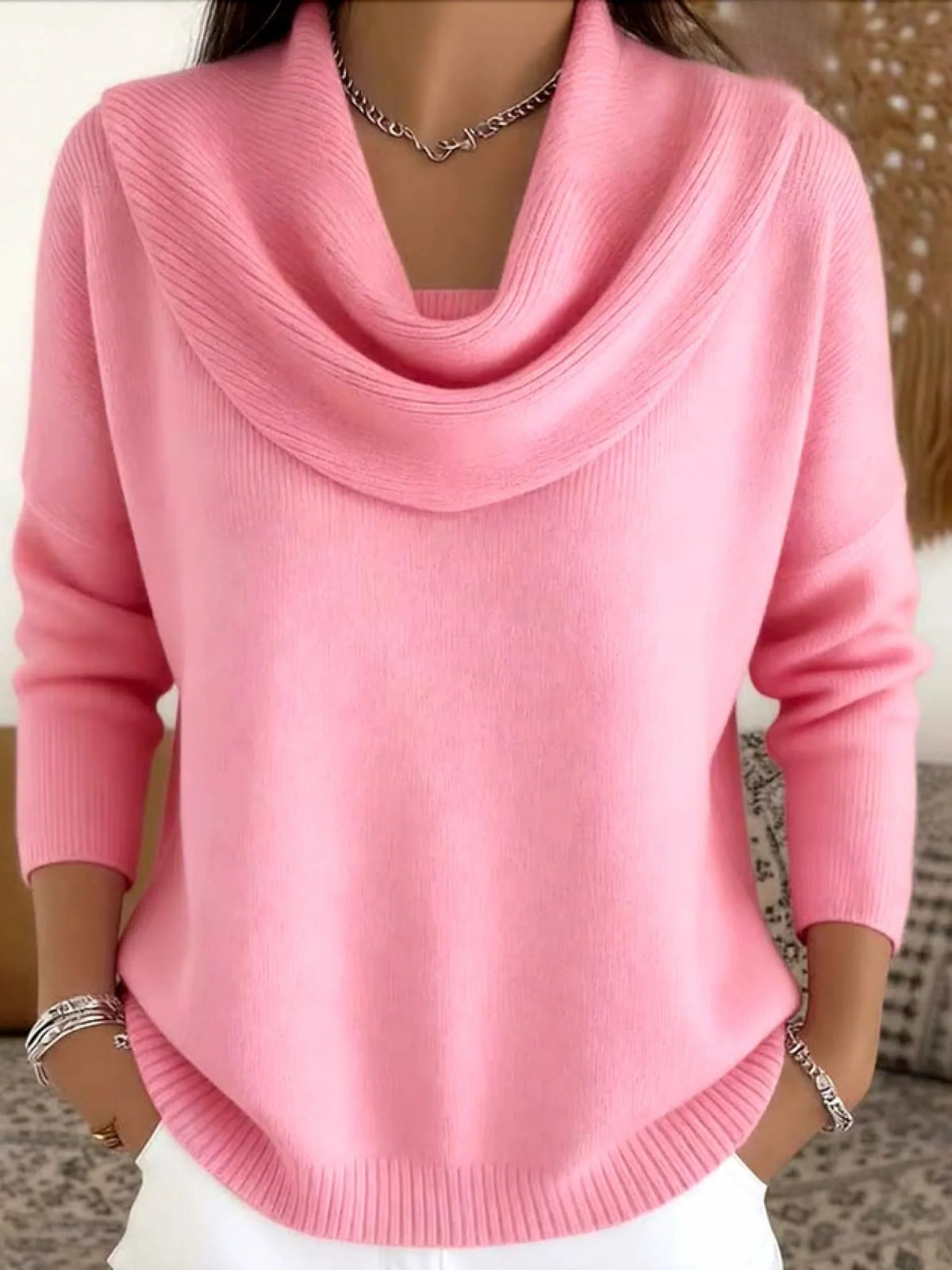 Women's Merino Wool Cowl Neck Sweater with Three-Quarter Sleeves 5