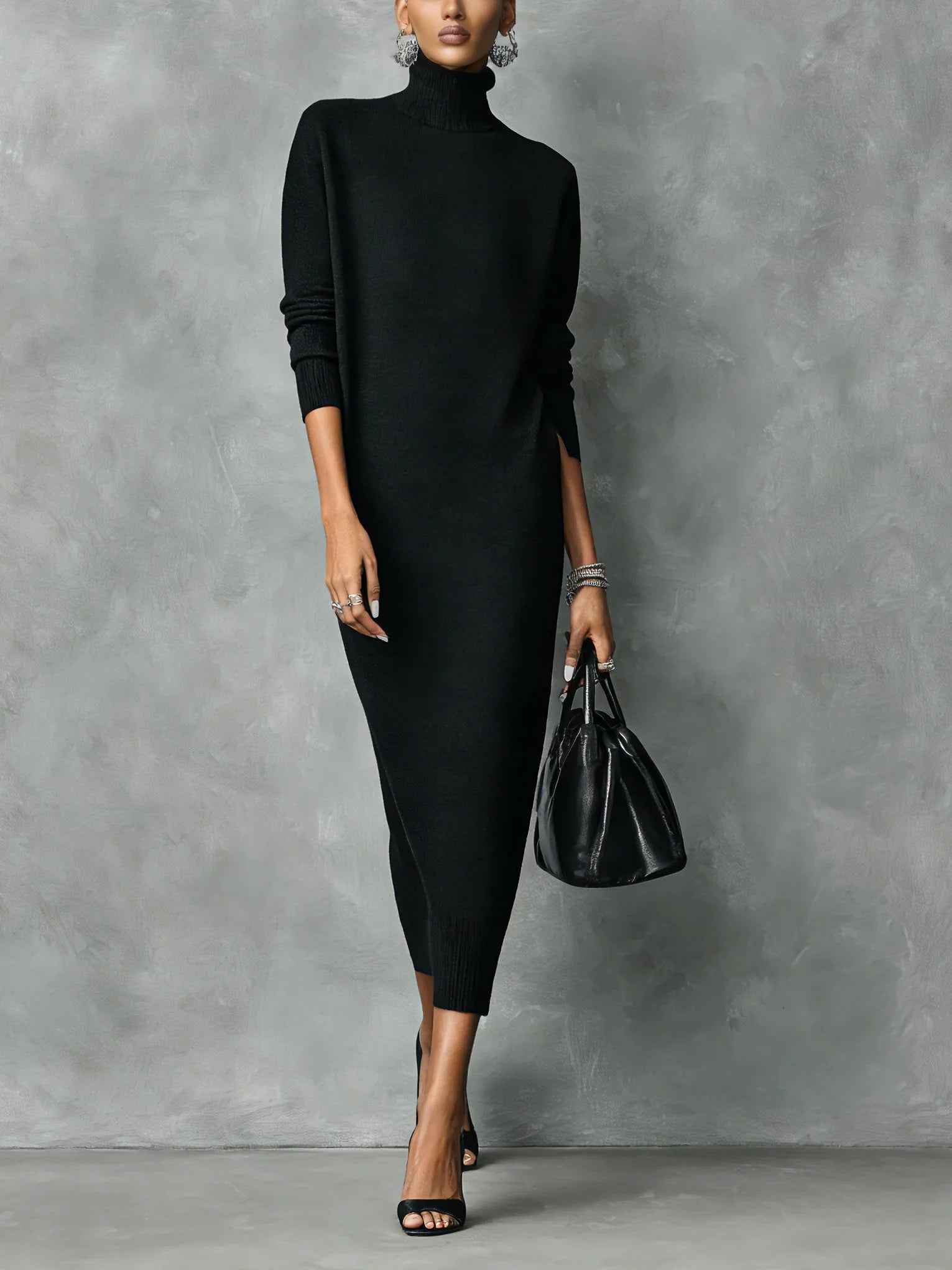 Women's Midi Turtleneck Sweater Dress with Fitted Silhouette 0