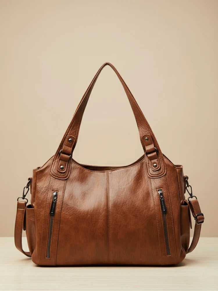 Women's Multi-Pocket Leather Shoulder Bag with Detachable Crossbody Strap 0