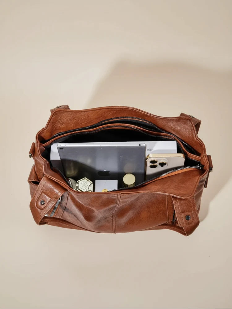 Women's Multi-Pocket Leather Shoulder Bag with Detachable Crossbody Strap 1