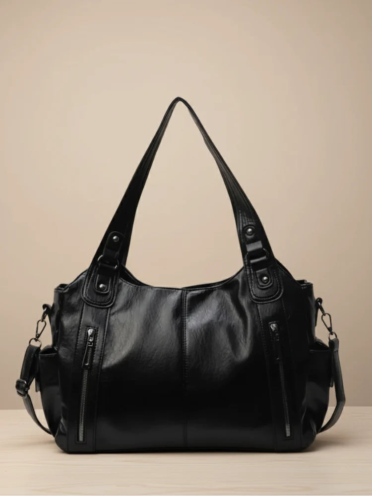 Women's Multi-Pocket Leather Shoulder Bag with Detachable Crossbody Strap 2