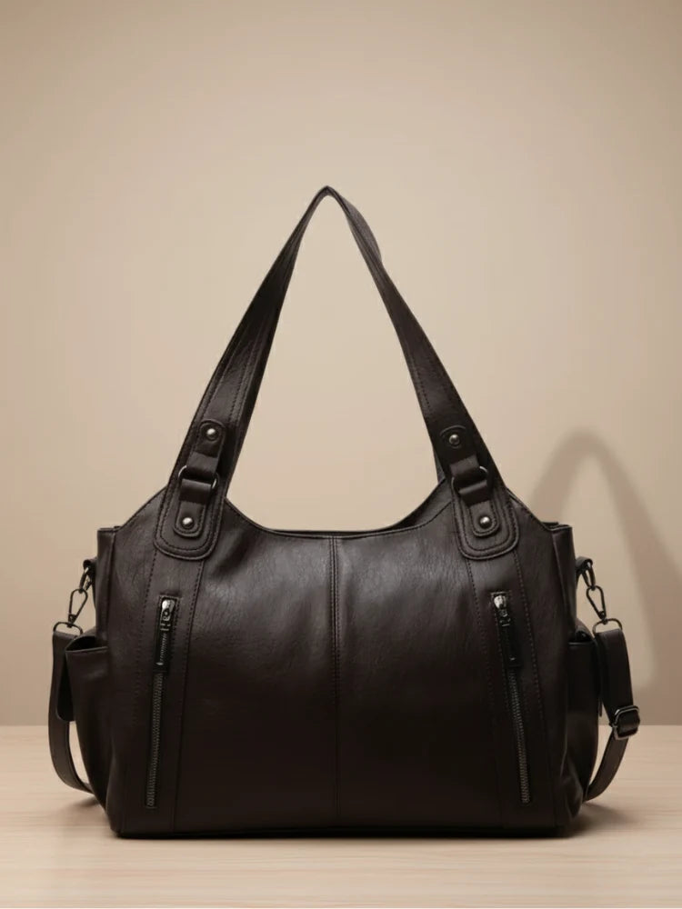 Women's Multi-Pocket Leather Shoulder Bag with Detachable Crossbody Strap 4