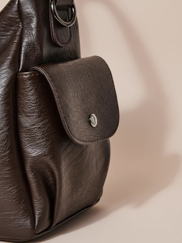 Women's Multi-Pocket Leather Shoulder Bag with Detachable Crossbody Strap 5