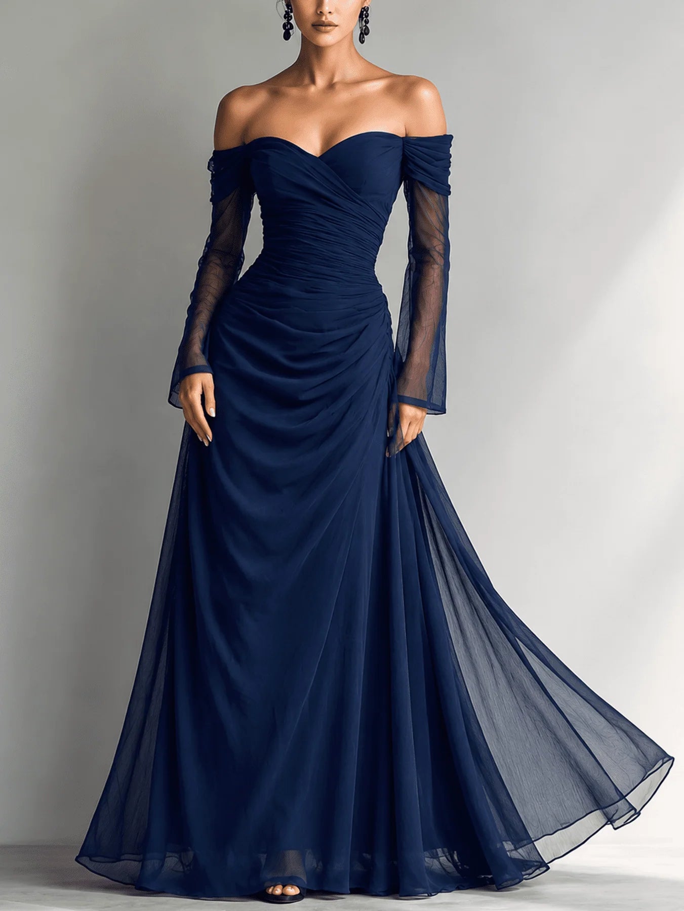 Women's Off-Shoulder Long-Sleeve Fitted Chiffon Maxi Dress 0