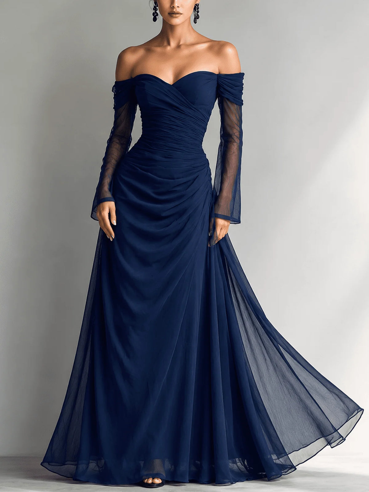 Women's Off-Shoulder Long-Sleeve Fitted Chiffon Maxi Dress 0