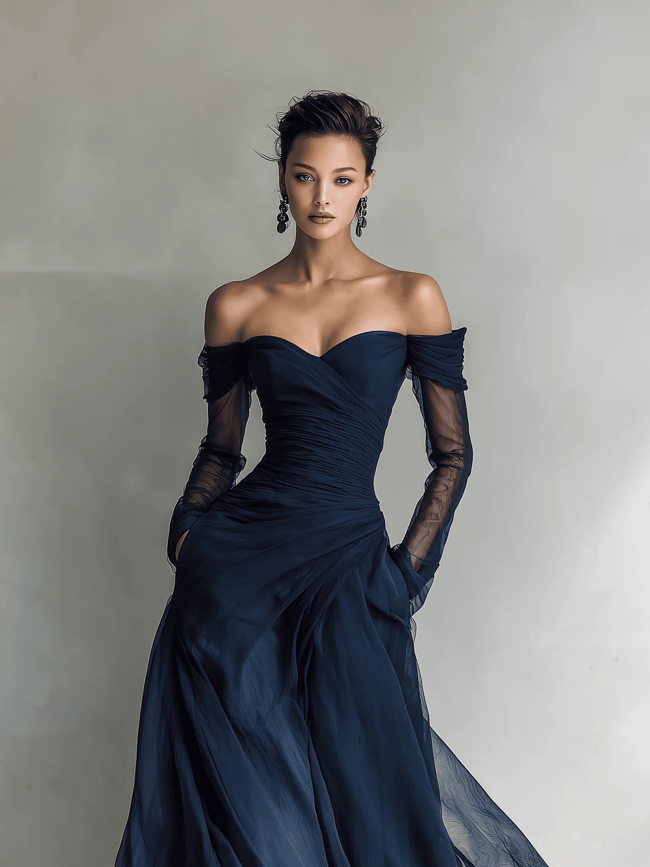 Women's Off-Shoulder Long-Sleeve Fitted Chiffon Maxi Dress 1