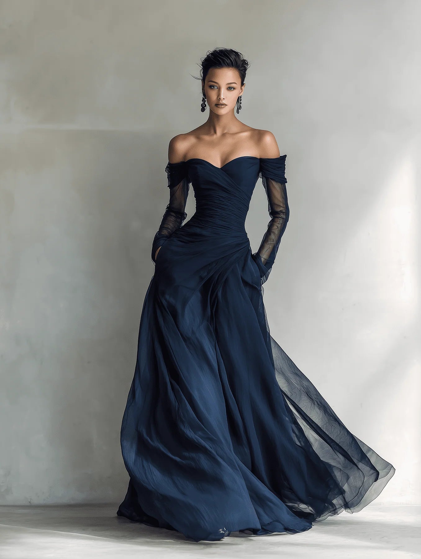 Women's Off-Shoulder Long-Sleeve Fitted Chiffon Maxi Dress 2