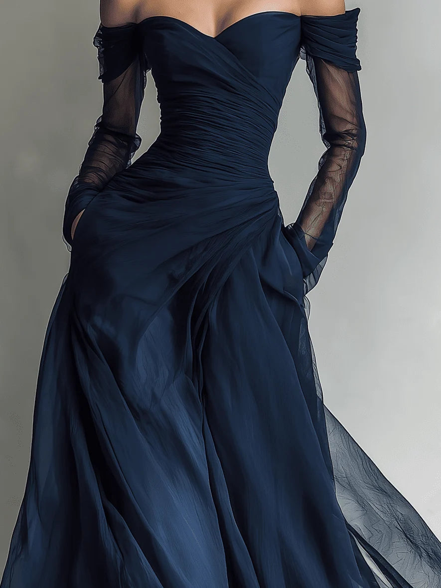 Women's Off-Shoulder Long-Sleeve Fitted Chiffon Maxi Dress 3