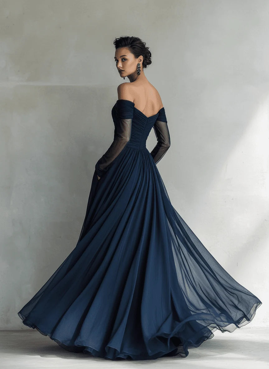 Women's Off-Shoulder Long-Sleeve Fitted Chiffon Maxi Dress 4