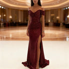 Women's Off-Shoulder Sequin Maxi Dress with High Leg Slit for Formal Events 0