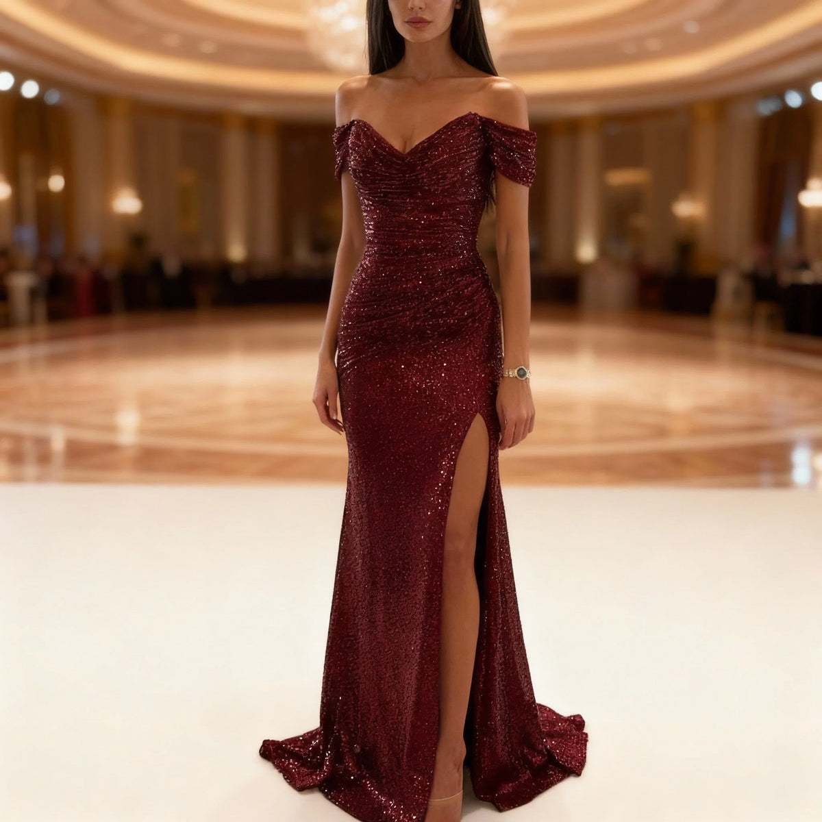Women's Off-Shoulder Sequin Maxi Dress with High Leg Slit for Formal Events 0