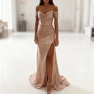 Women's Off-Shoulder Sequin Maxi Dress with High Leg Slit for Formal Events 2