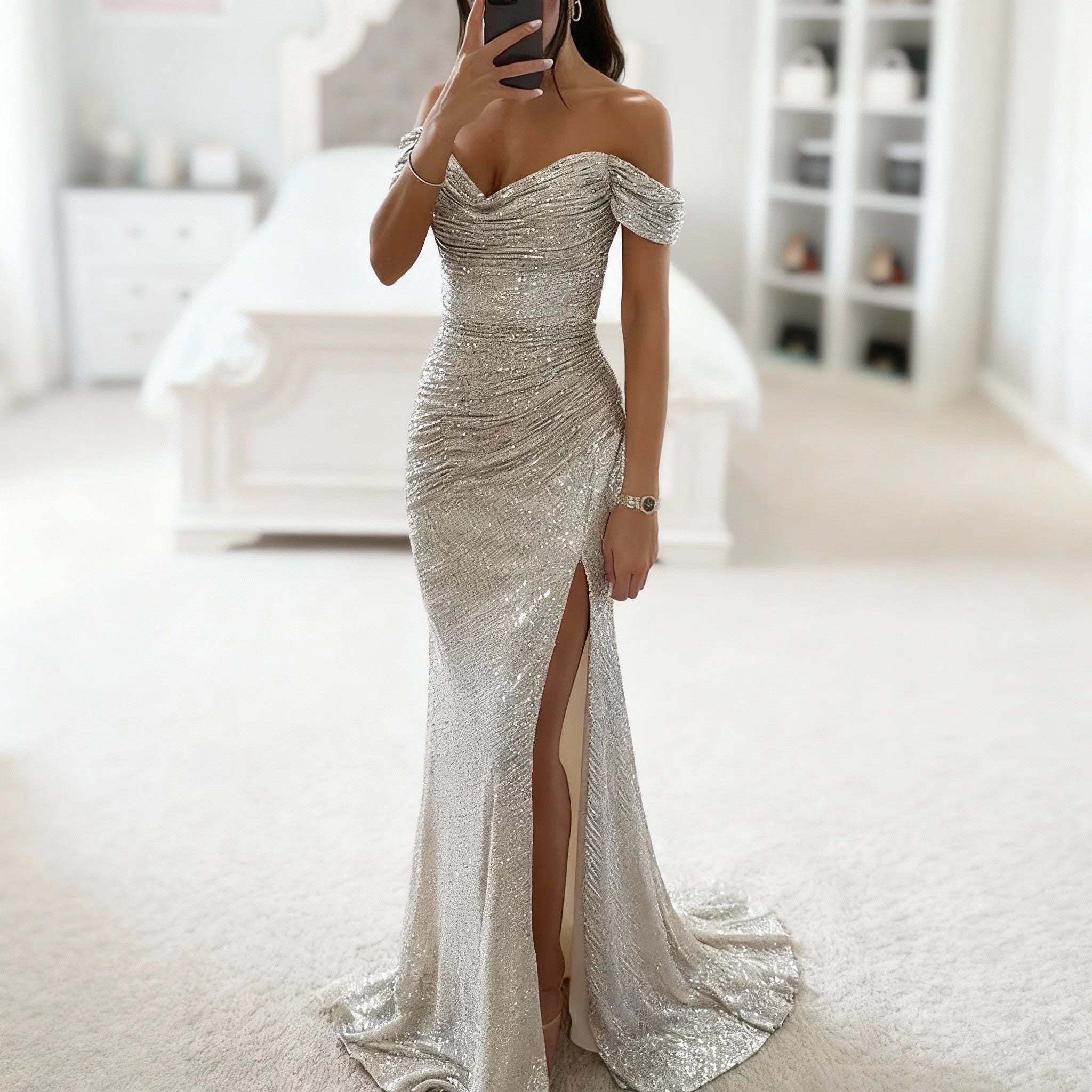 Women's Off-Shoulder Sequin Maxi Dress with High Leg Slit for Formal Events 3