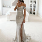 Women's Off-Shoulder Sequin Maxi Dress with High Leg Slit for Formal Events 3