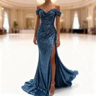 Women's Off-Shoulder Sequin Maxi Dress with High Leg Slit for Formal Events 4