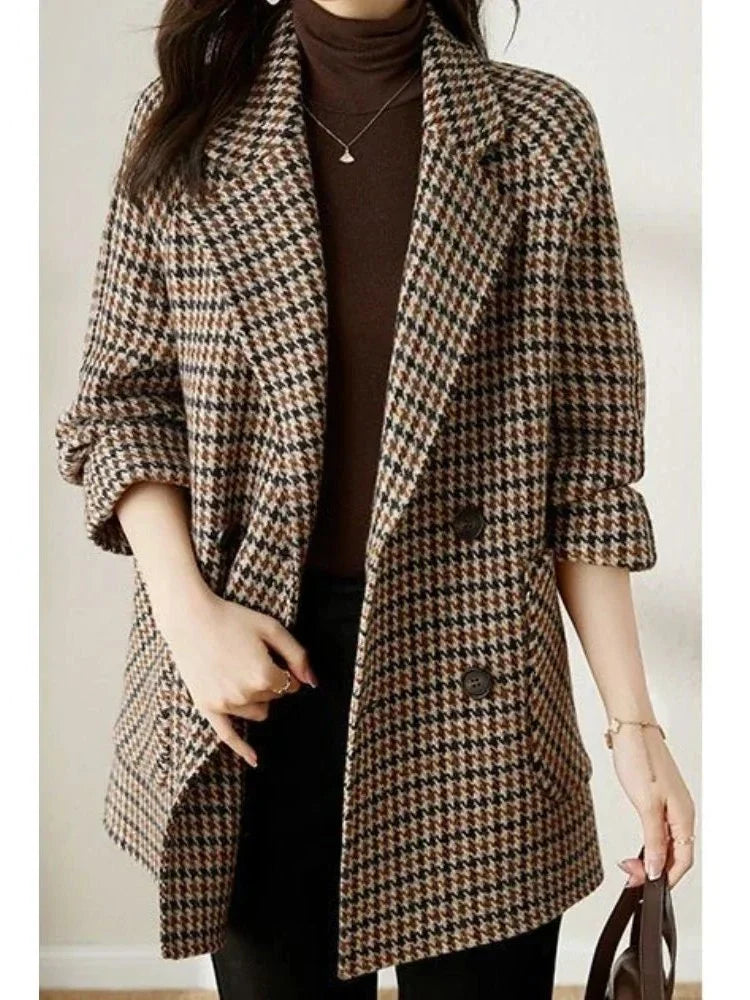 Women's Oversized Double-Breasted Houndstooth Blazer Coat 4