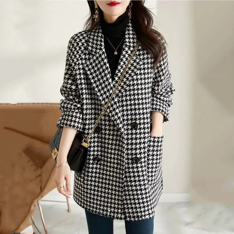 Women's Oversized Double-Breasted Houndstooth Blazer Coat 7
