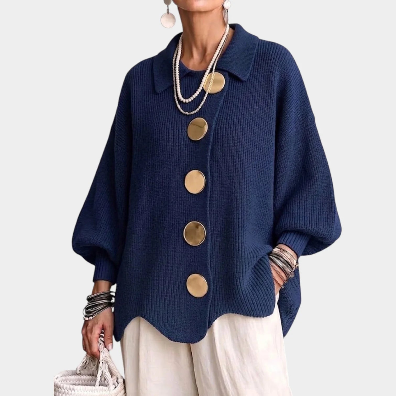 Women's Oversized Knit Cardigan with Gold-Tone Buttons 0