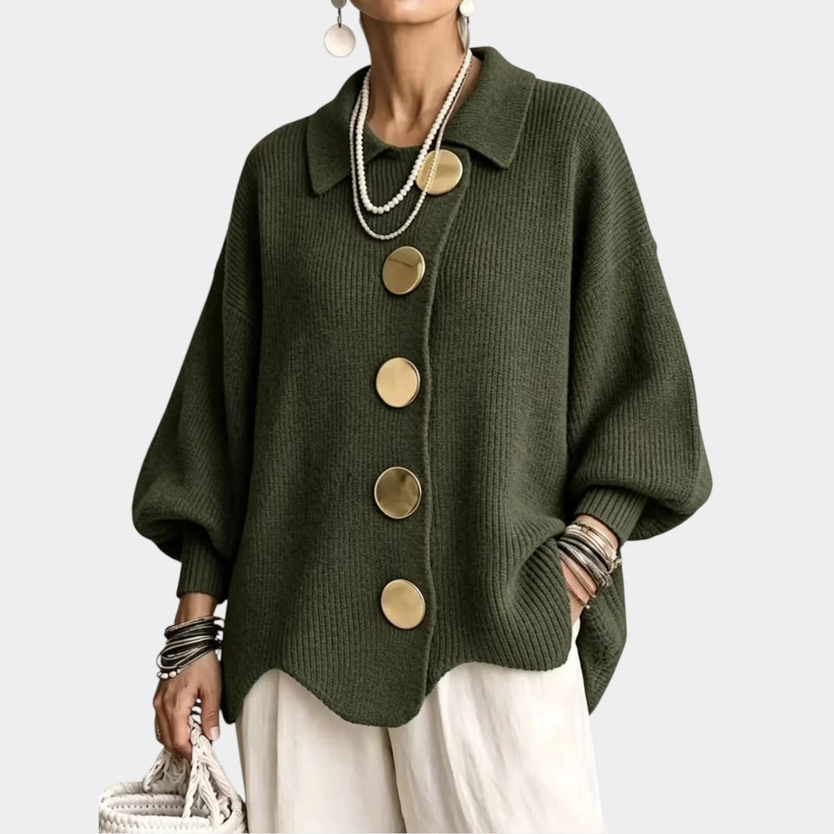 Women's Oversized Knit Cardigan with Gold-Tone Buttons 14