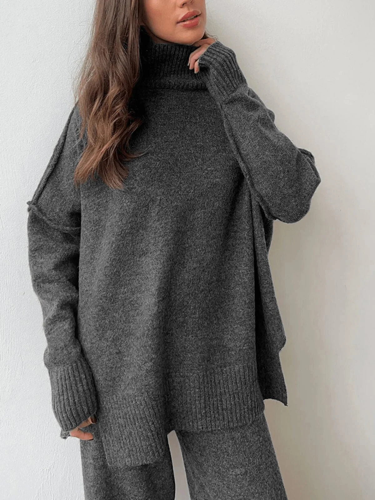 Women's Oversized Knit Set with Roll Neck Sweater and Wide Leg Trousers 2