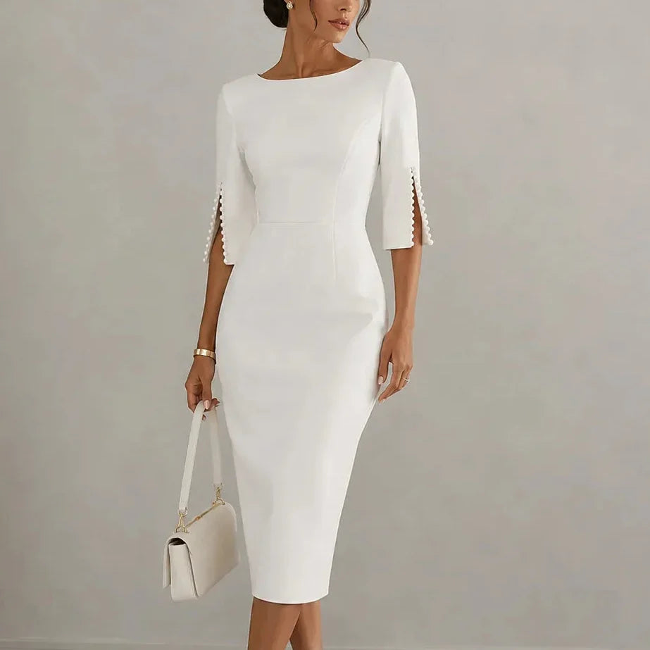 Women's Pencil Midi Dress with Pearl-Trimmed Sleeves 0
